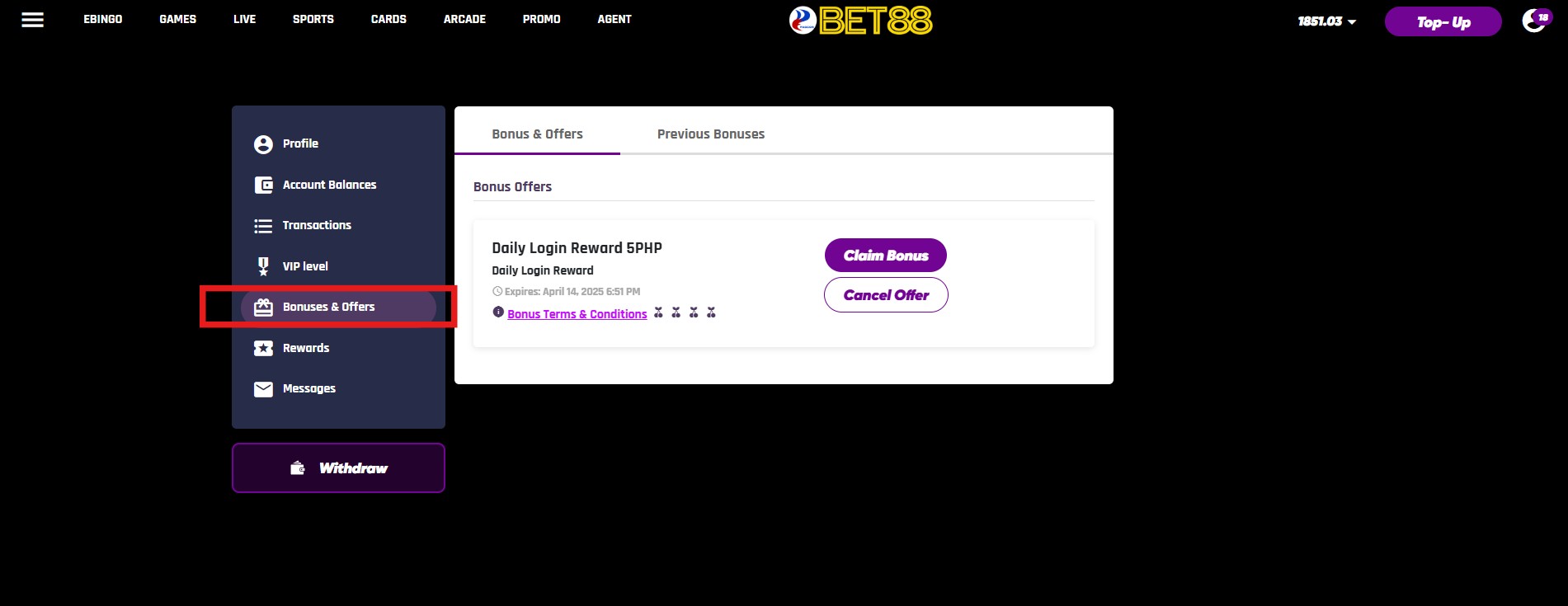Reward Center Bonus Claims