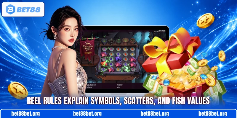 Reel rules explain symbols, scatters, and fish values